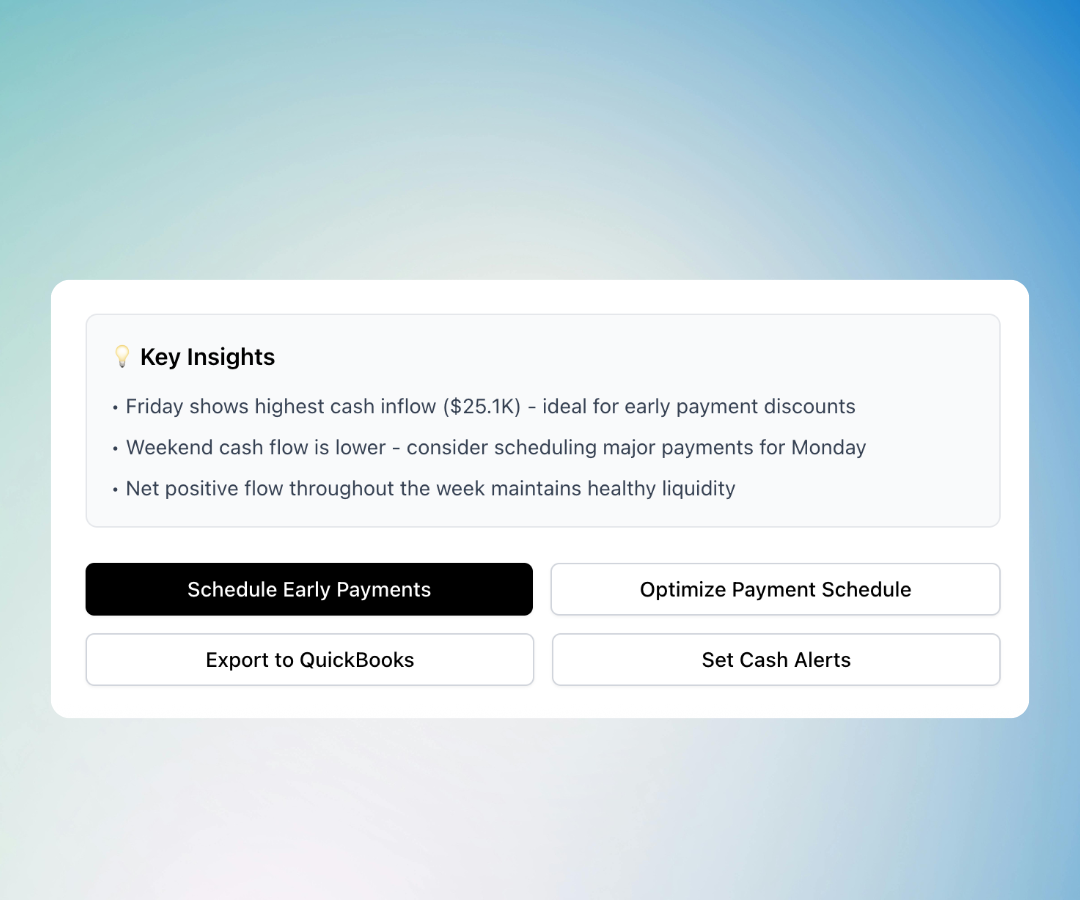 Cash flow insights showing key recommendations and action buttons for payment optimization