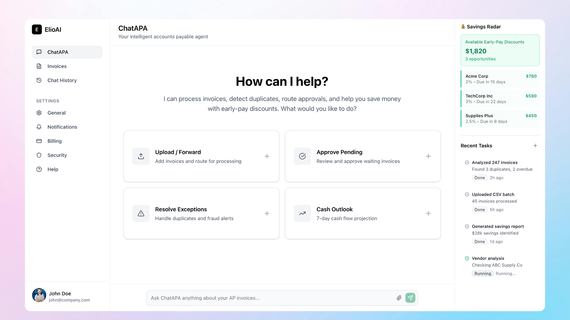 ChatAPA Dashboard - AI-powered accounts payable assistant showing invoice processing, savings radar, and recent tasks