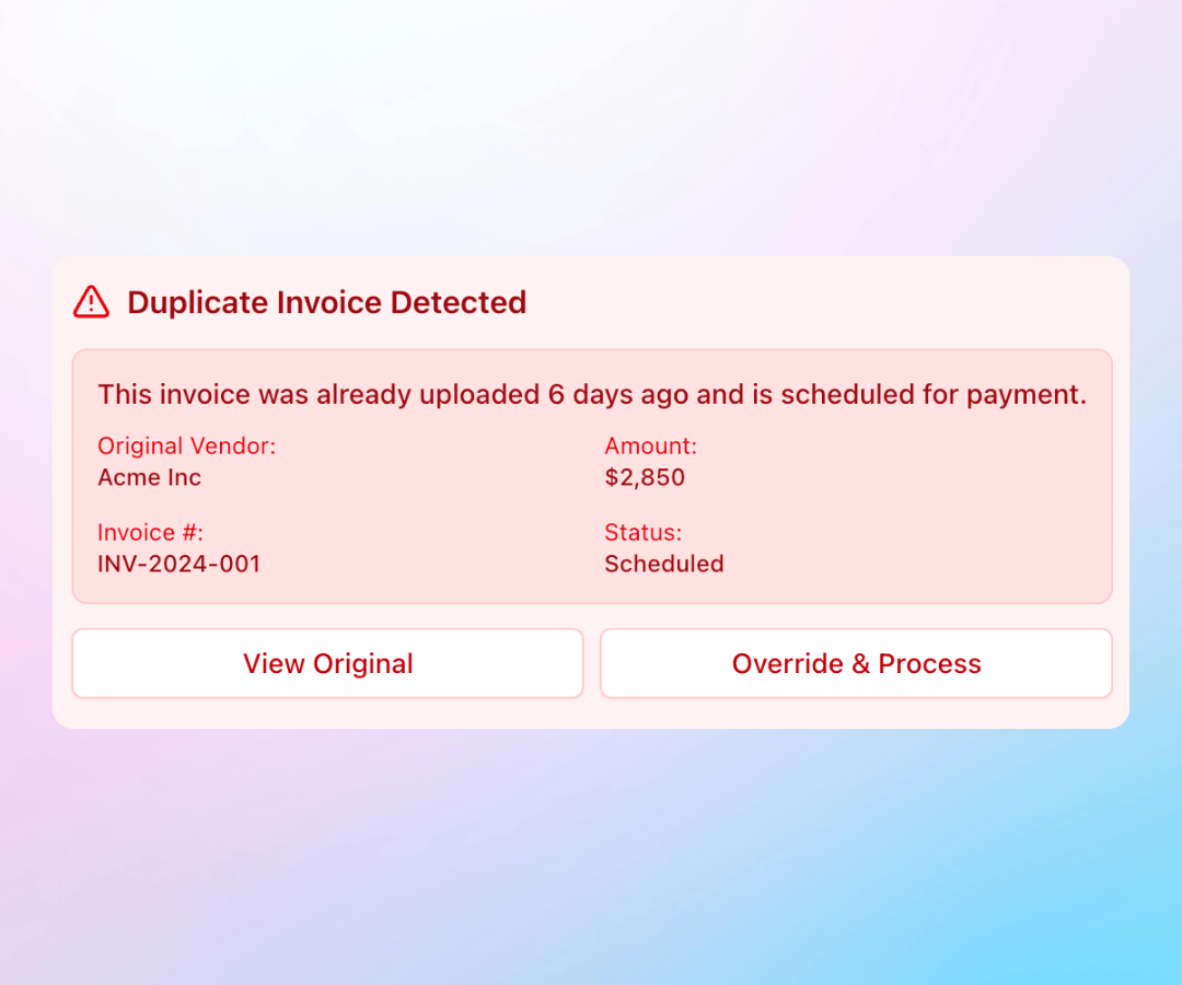 Duplicate invoice detection alert showing a $2,850 invoice from Acme Inc that was already uploaded 6 days ago