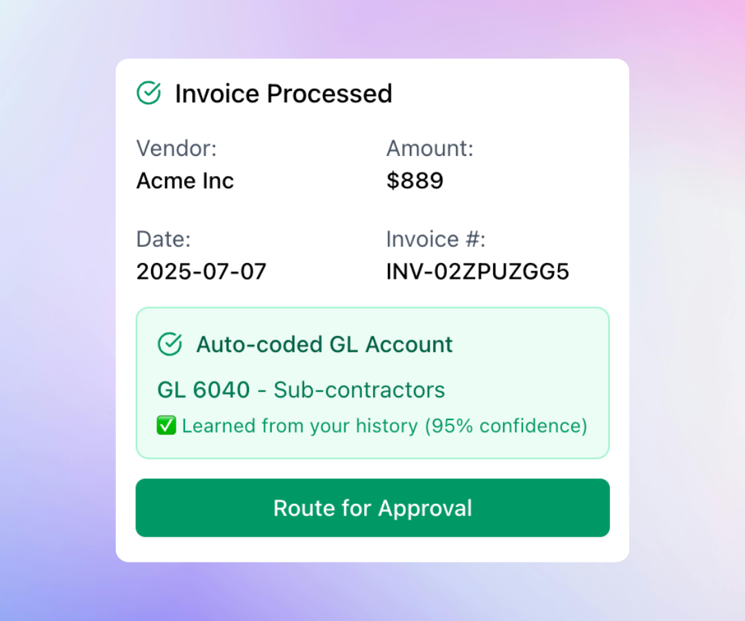 Invoice processing interface showing automatic GL coding with 95% confidence