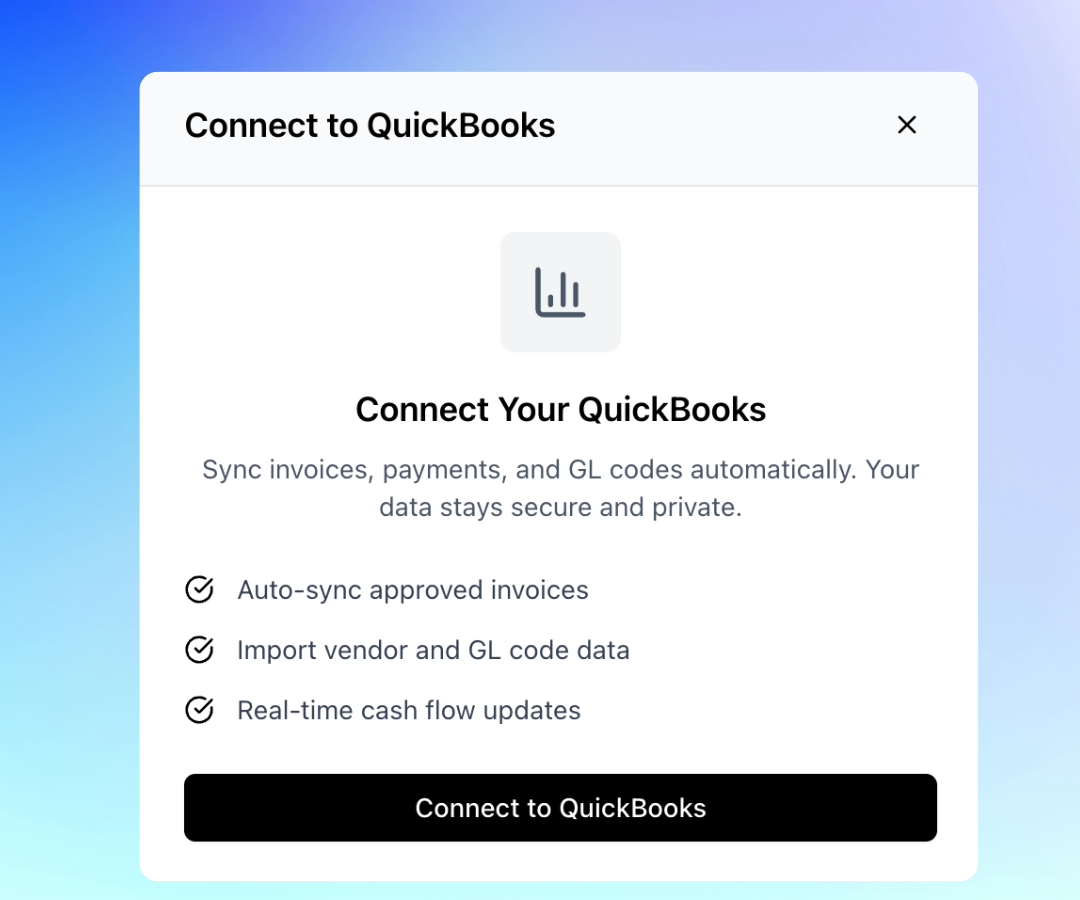 QuickBooks integration modal showing sync options for invoices, payments, and GL codes