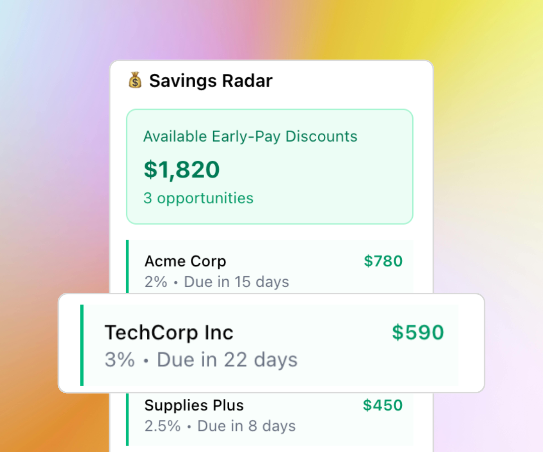Savings radar showing available early-pay discounts totaling $1,820 across multiple vendors